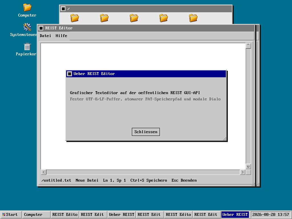 Vom Desktop-Compositor verwalteter REIST-Editor mit About-Dialog in QEMU